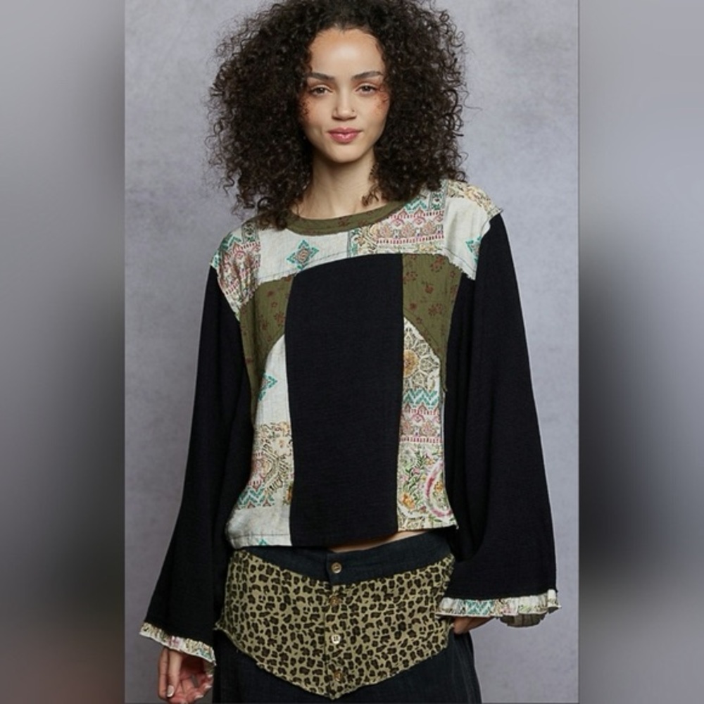 New POL Double Gauze Patchwork Boho Top – Black Multi – Size Small